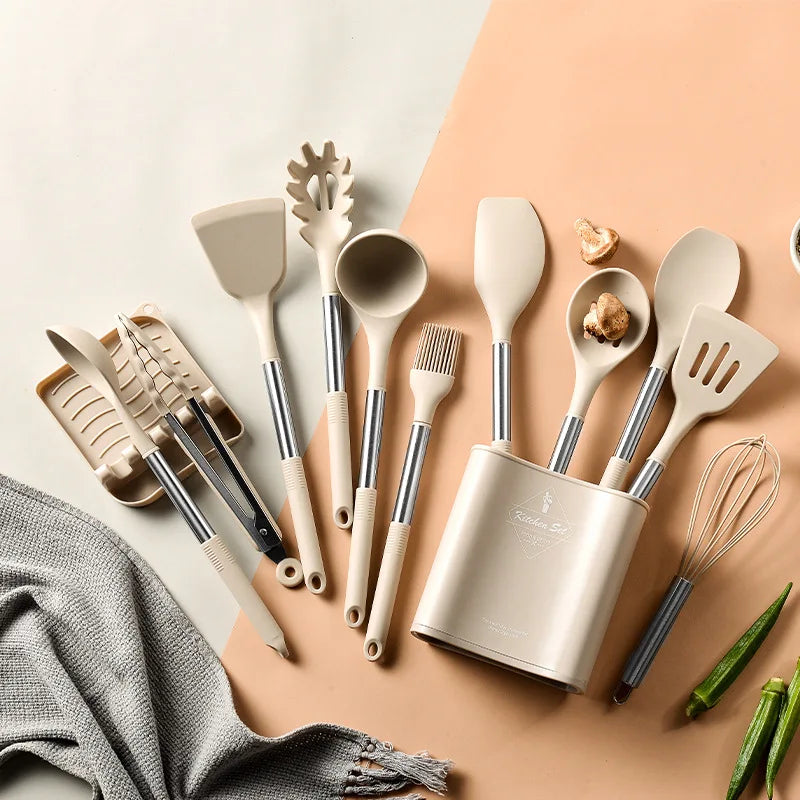 13Pcs Silicone Kitchenware Non-stick Cooking Utensils Set Cookware Spatula Beaters Shovel Stainless Steel Handle Kitchen Tool