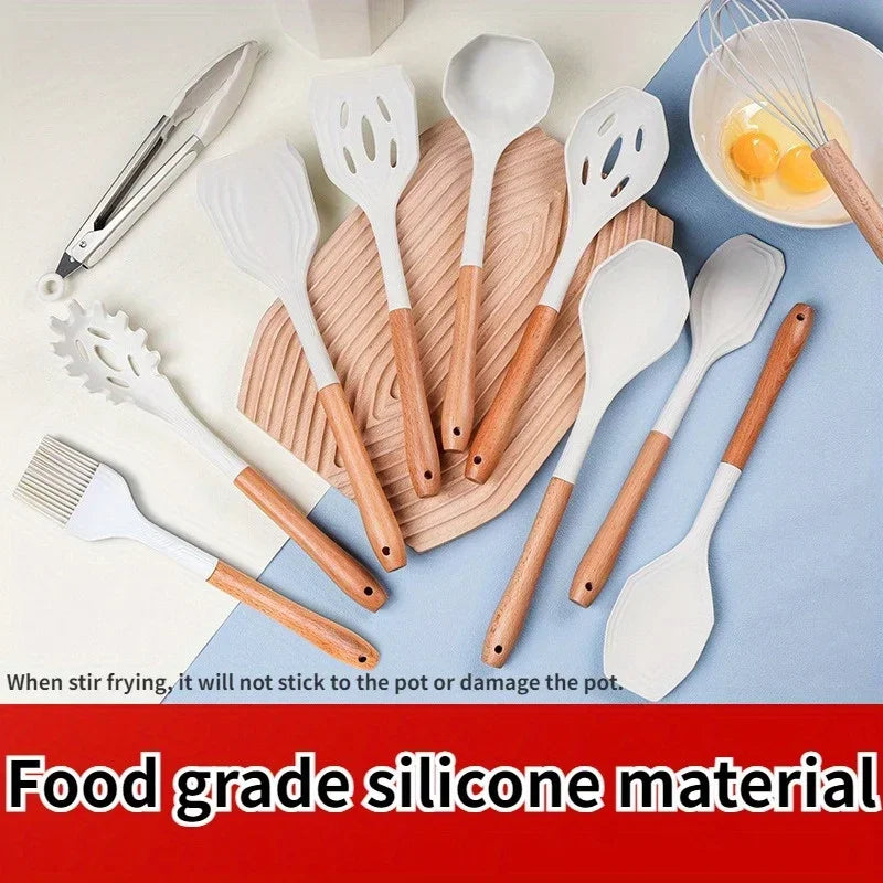 1Set of Silicone Kitchen Utensils with Wooden Handles,equipped with Storage Buckets for Easy Storage and A Cleaner Kitchen