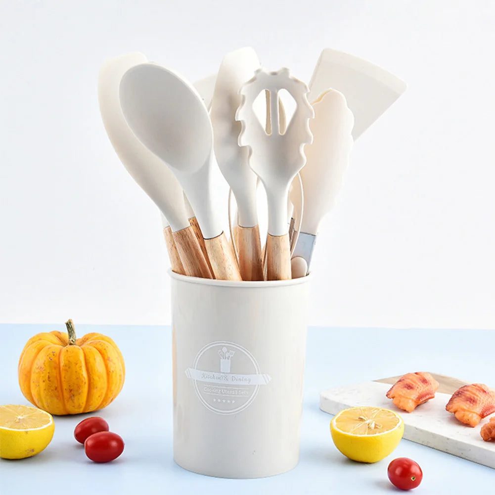 12Pcs Kitchen Utensil Set Silicone Spatula Set Wooden Handle Heat-Resistant Cookware Spatula Spoon Brush Whisk for Home Kitchen