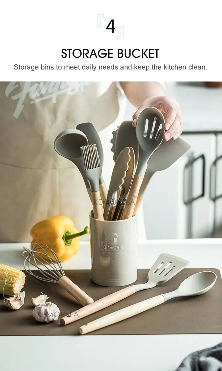 13PCS Silicone Kitchenware Non-Stick Pan Cooking Utensils Set Kitchen Measuring Spoons Utensils Baking Tools With Storage Box