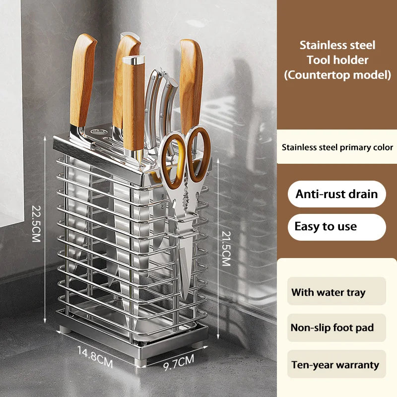 Kitchen Knife Holders Storage Rack Household Stainless Stee Countertop Knife Spoon Chopstick Holder With Drain Tray