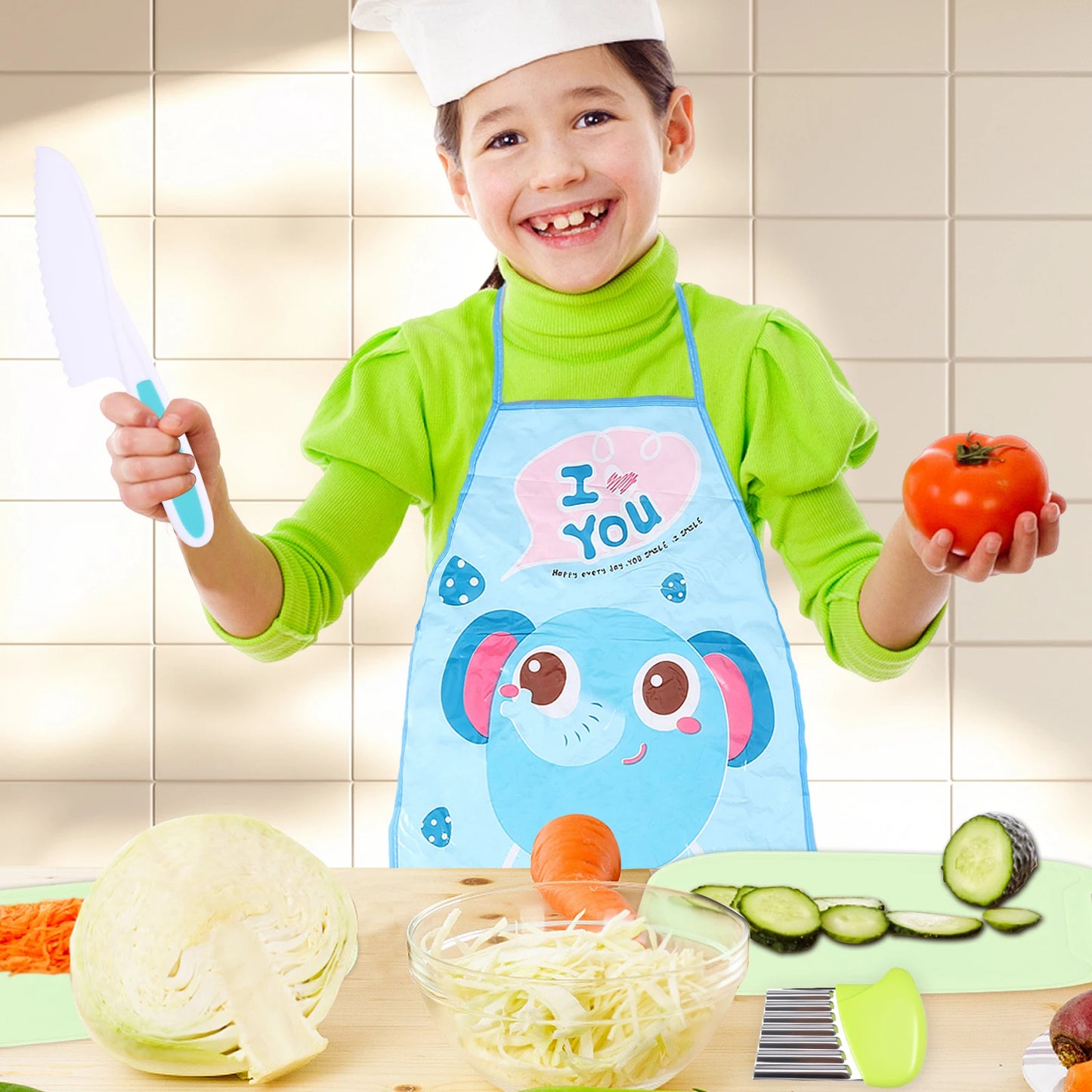 17Pcs Kids Kitchen Knife Set Safe Kids Cooking Set with Foldable Storage Box Multipurpose Toddler Knife Kit for Gathering Party