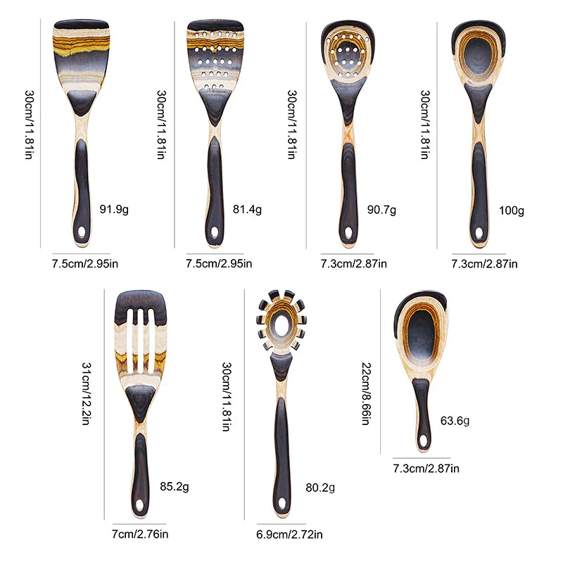 IK Kitchen Utensils 7PCS Pakkawood Cooking Utensils Set Wooden Spoons for Kitchen Wood Spatula with Non-slip Handle