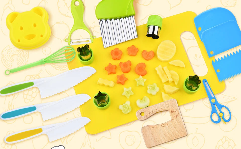 17PCS Kids Cooking Sets Real Cooking Montessori Kitchen Toys for DIY Plastic Kitchen Accessories Tools Toddlers Kids Safe Knives