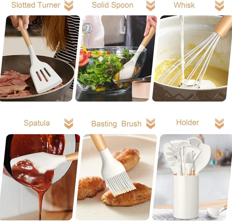 12 Pcs Silicone Kitchen Utensils Set Non Stick Silicone Cooking Utensil Set Heat Resistant Cookware with Wooden Handle JT558