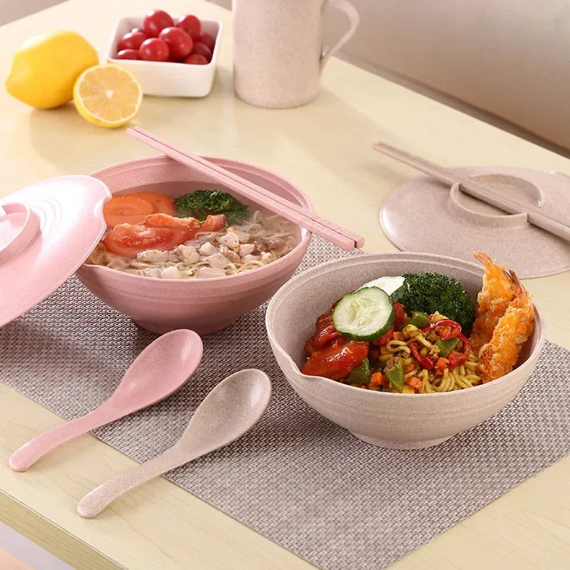 Household Tableware Set for instant food - 3pcs Wheat Straw Bowl, instant noodles bowl With Lid, Spoons and Chopsticks