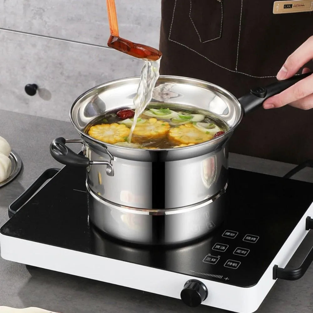 Kitchen Cookware Stainless Steel Deep Fryer Pot with Frying Basket and Steamer Japanese Pasta Pot Visible Lid Stockpot Noodle