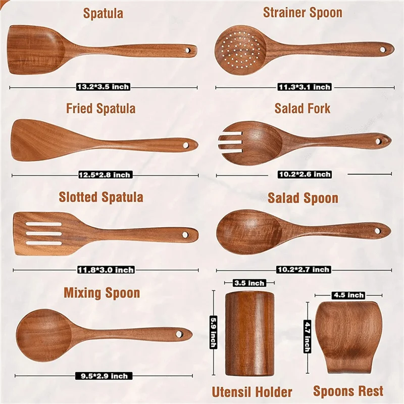 9 PCS Natural Wooden Spoons For Cooking Wooden Utensils For Cooking With Utensil Holder Teak Wooden Kitchen Utensils Setabkw