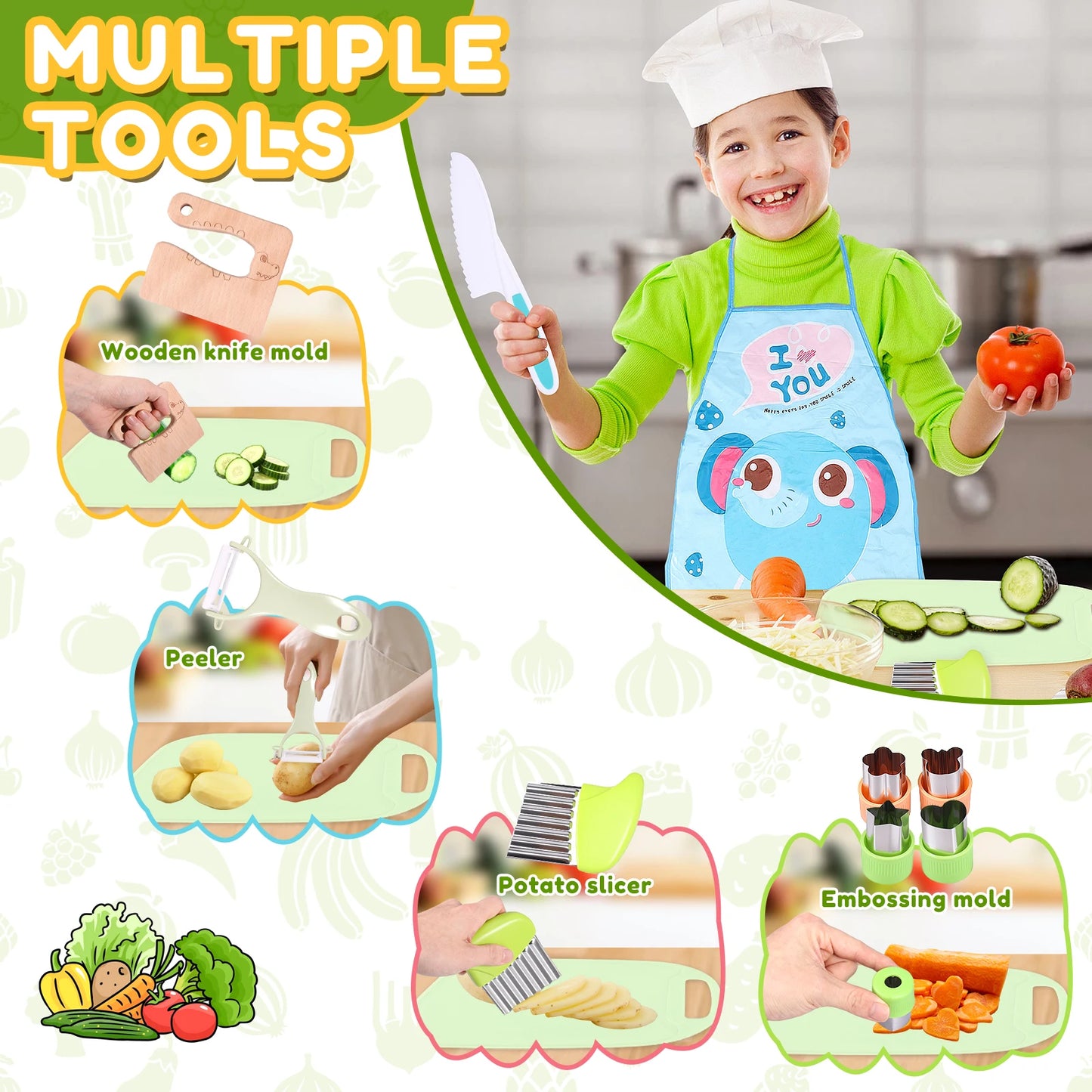 17Pcs Kids Kitchen Knife Set Safe Kids Cooking Set with Foldable Storage Box Multipurpose Toddler Knife Kit for Gathering Party
