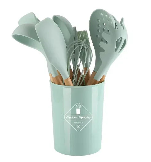 12Pcs Silicone Cooking Utensils Set Wooden Handle Kitchen Cooking Tool Non-stick Cookware Spatula Shovel Egg Kitchenware Beaters