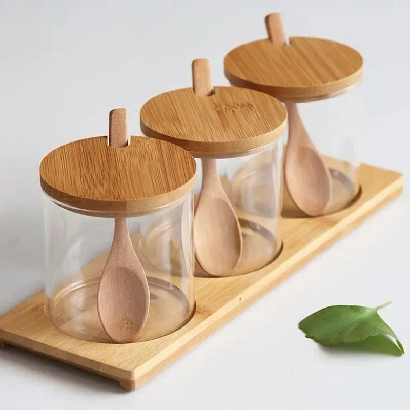 Kitchen Glass Condiment Jars Set Clear Spice Salt Container with Tray Coffee Beans Organizer Bottle Dust-Proof Seasoning Bottle