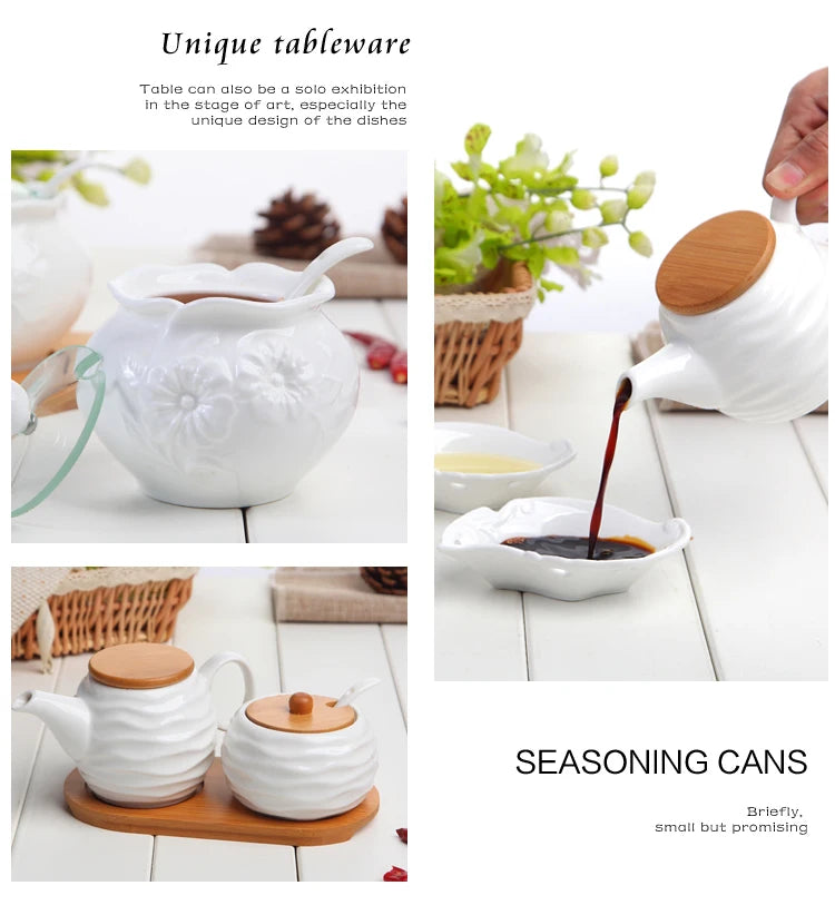 Ceramic Seasoning Jars with Wooden Lid Salt Shakers Kitchen Supplies White Spice Organizer Canister Spoon Set White Sugar Box