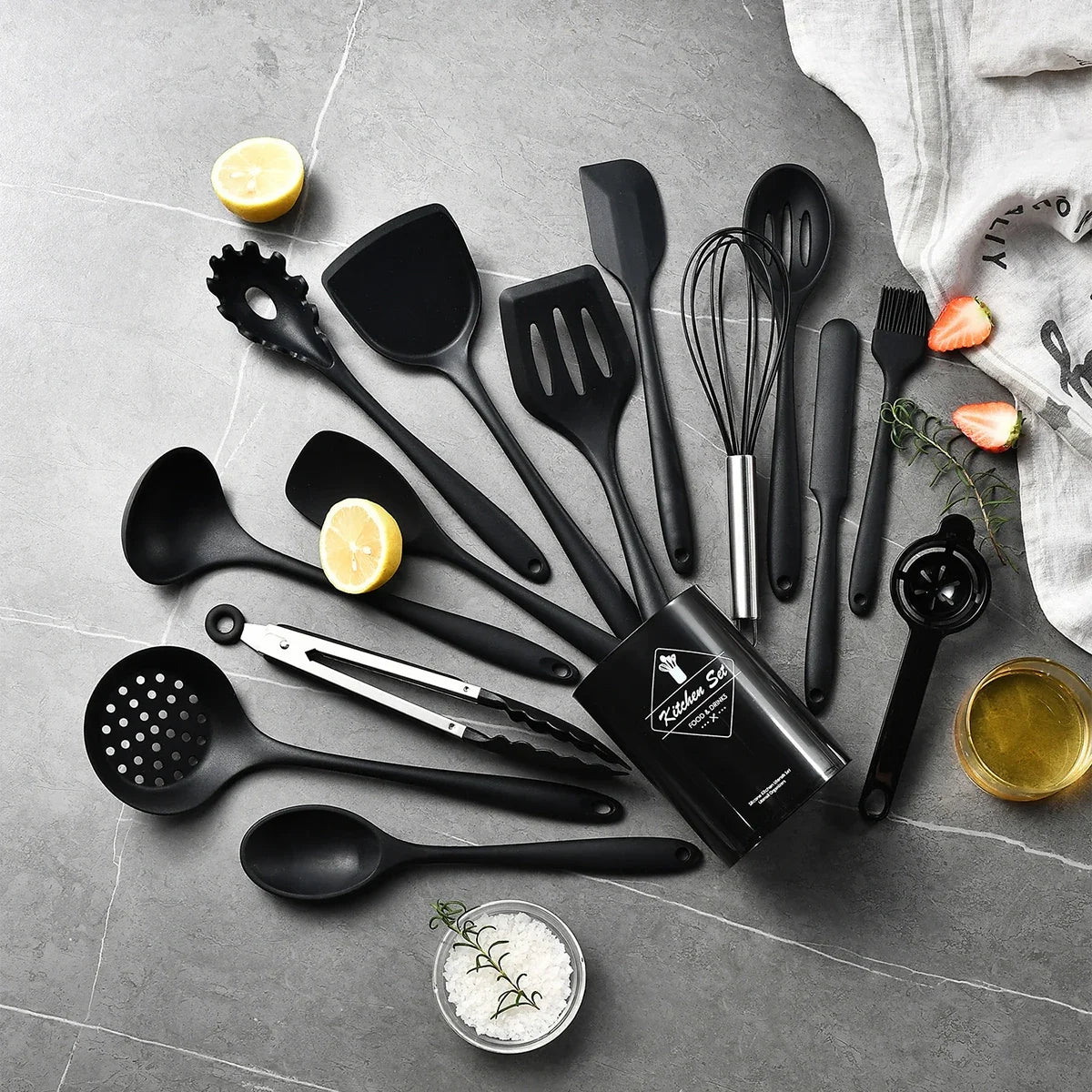 15pcs Pink Silicone Kitchenware with Storage Bucket Spatula Shovel Ladle Cookware Kitchen Utensils Set Non-Stick Cooking Tools