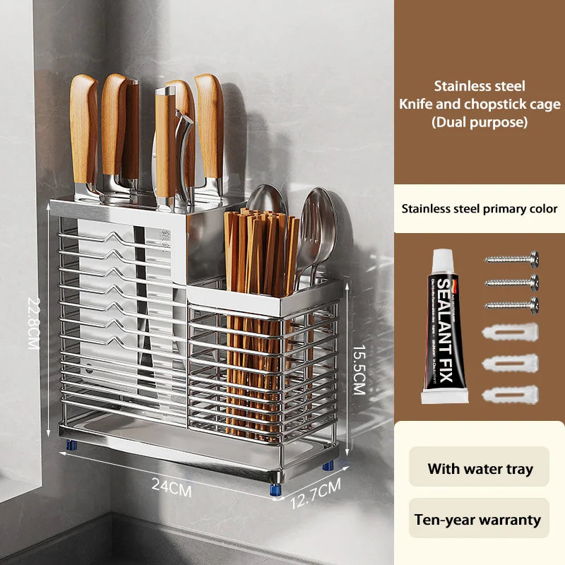 Kitchen Knife Holders Storage Rack Household Stainless Stee Countertop Knife Spoon Chopstick Holder With Drain Tray
