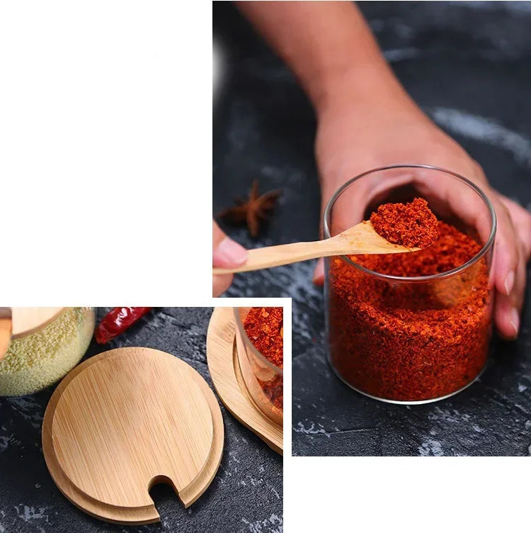 Kitchen Glass Condiment Jar Set Wood Lid with Tray Spoon Clear Seasoning Spice Salt Jar Dust-Proof Coffee Beans Organizer Bottle