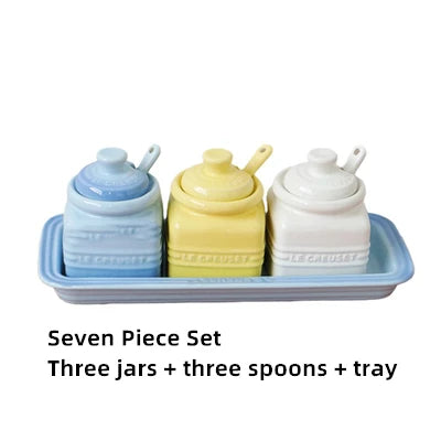 European Style Kitchen Spice Organizer Creative Ceramic Spice Jar with Spoon Gift Box Set Jam Storage Jar with Lid Spice Rack
