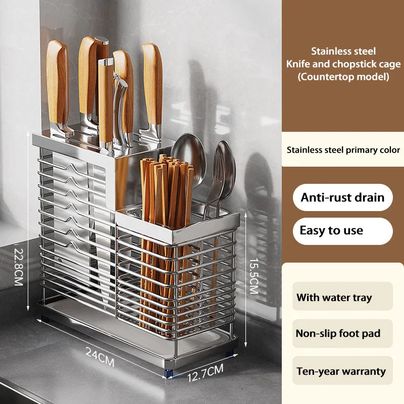 Kitchen Knife Holders Storage Rack Household Stainless Stee Countertop Knife Spoon Chopstick Holder With Drain Tray