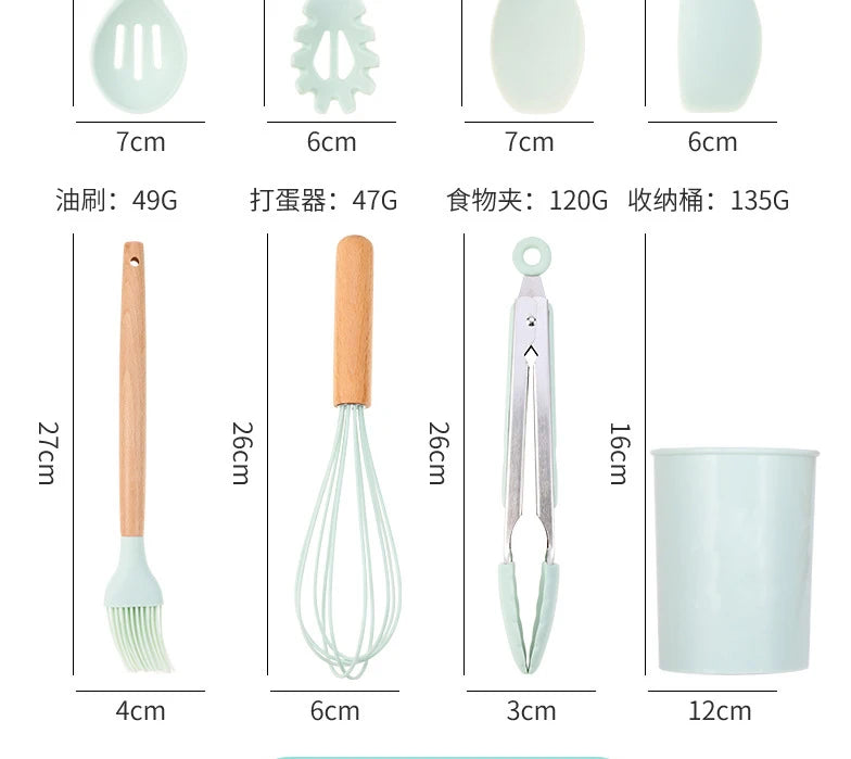 12PCS Silicone Kitchenware Non-Stick Cookware Kitchen Utensils Set Spatula Shovel Egg Beaters Wooden Handle Cooking Tool Set Hot