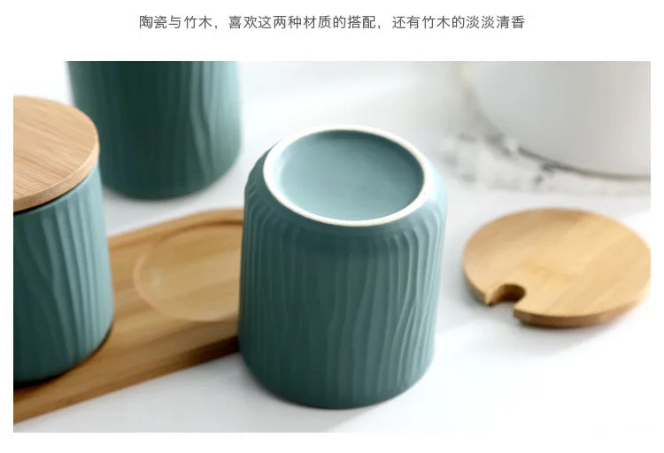 Ceramic Seasoning Jars with Wooden Lid Salt Shakers Kitchen Supplies White Spice Organizer Canister Spoon Set White Sugar Box