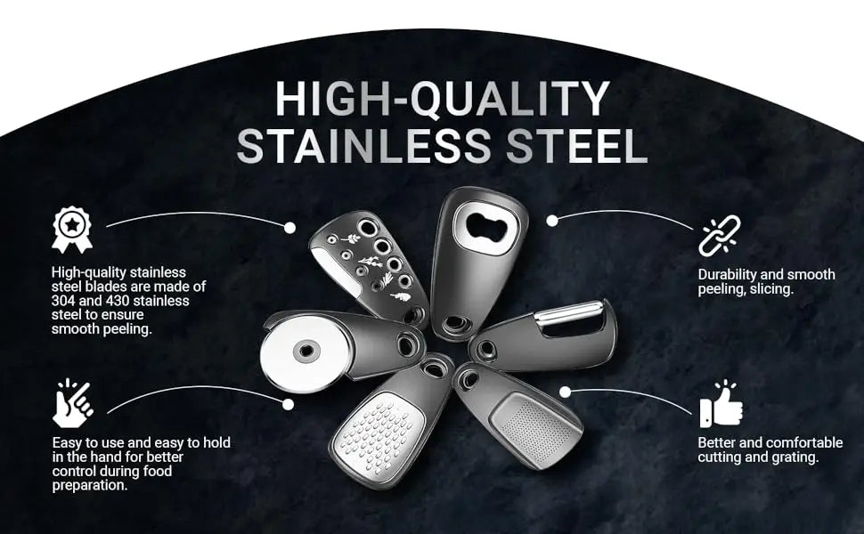 6Pcs Kitchen Gadgets Set Space Saving Cooking Tools Cheese Chocolate Grater, Fruit Vegetable Peeler, Bottle Opener, Pizza Cutter