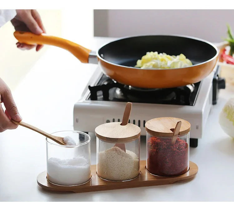 Kitchen Glass Condiment Jars Set Clear Spice Salt Container with Tray Coffee Beans Organizer Bottle Dust-Proof Seasoning Bottle