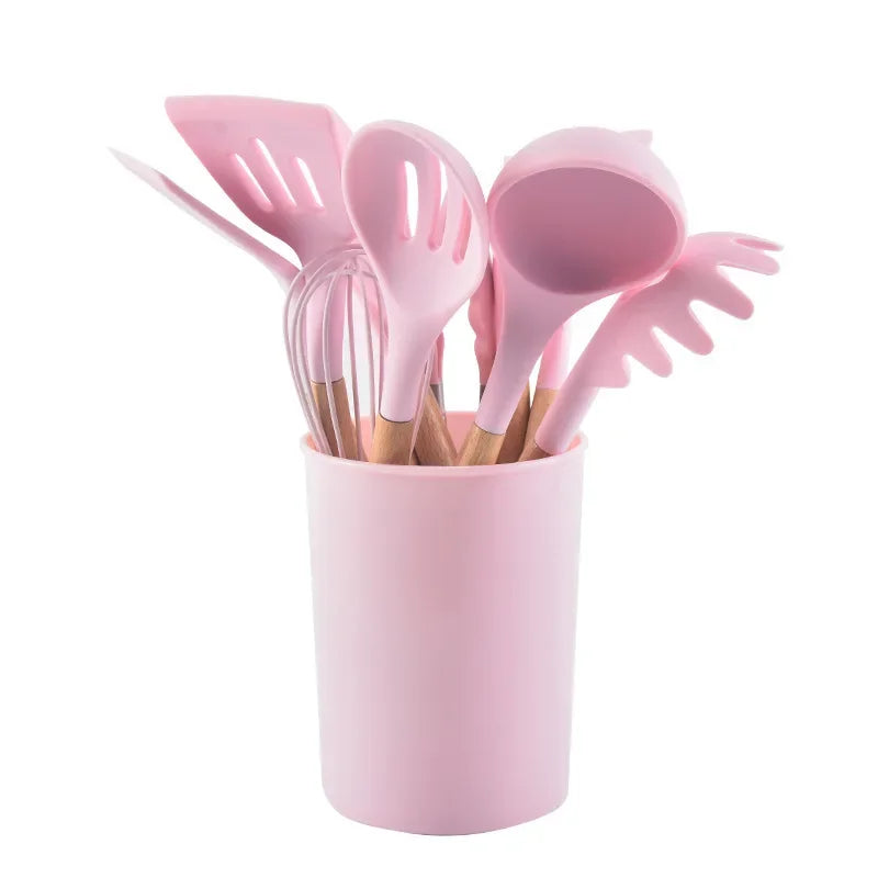 12PCS/Set Premium Quality Silicone Kitchen Utensils Set with Wood Handle and Storage Bucket Kitchen Tools Cooking Accessories