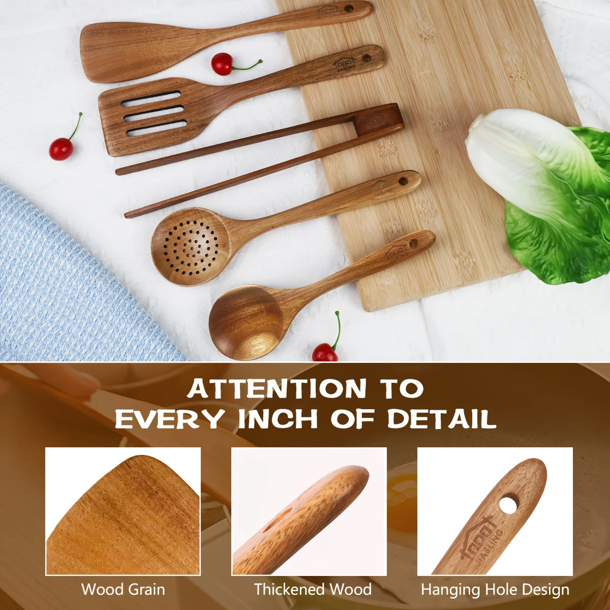 5pcs Premium Wooden Kitchen Utensils Set - Ergonomic Handles, Natural Wooden Spoons, Spurtle, Ladle, And Wok Spatulas
