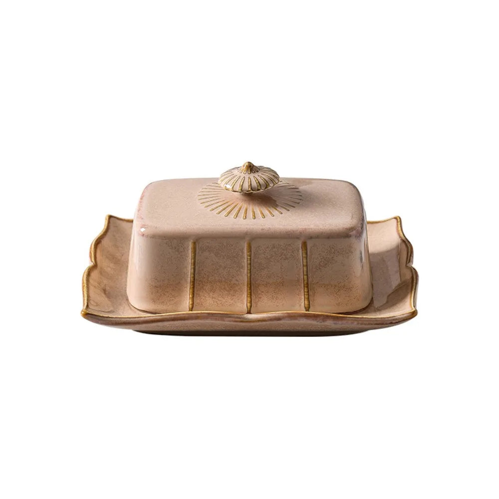 European Kitchen Utensils Ceramic Butter Dish Exquisite Rectangular Dim Sum Dish Household with Cover Storage Tray Hotel
