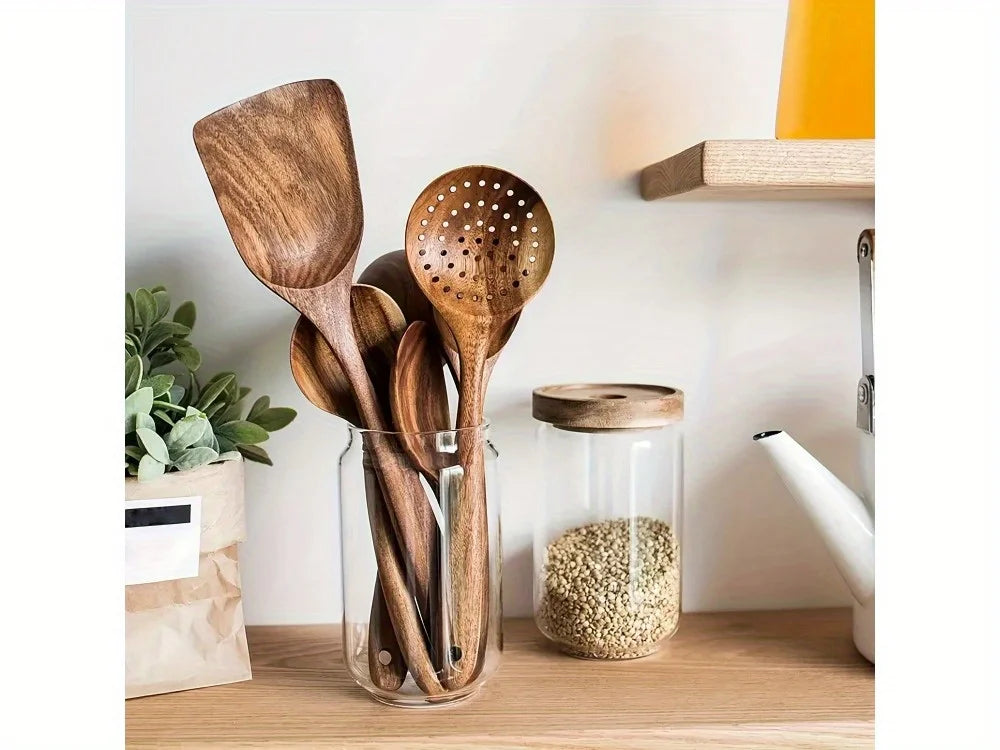 5pcs Premium Wooden Kitchen Utensils Set - Ergonomic Handles, Natural Wooden Spoons, Spurtle, Ladle, And Wok Spatulas