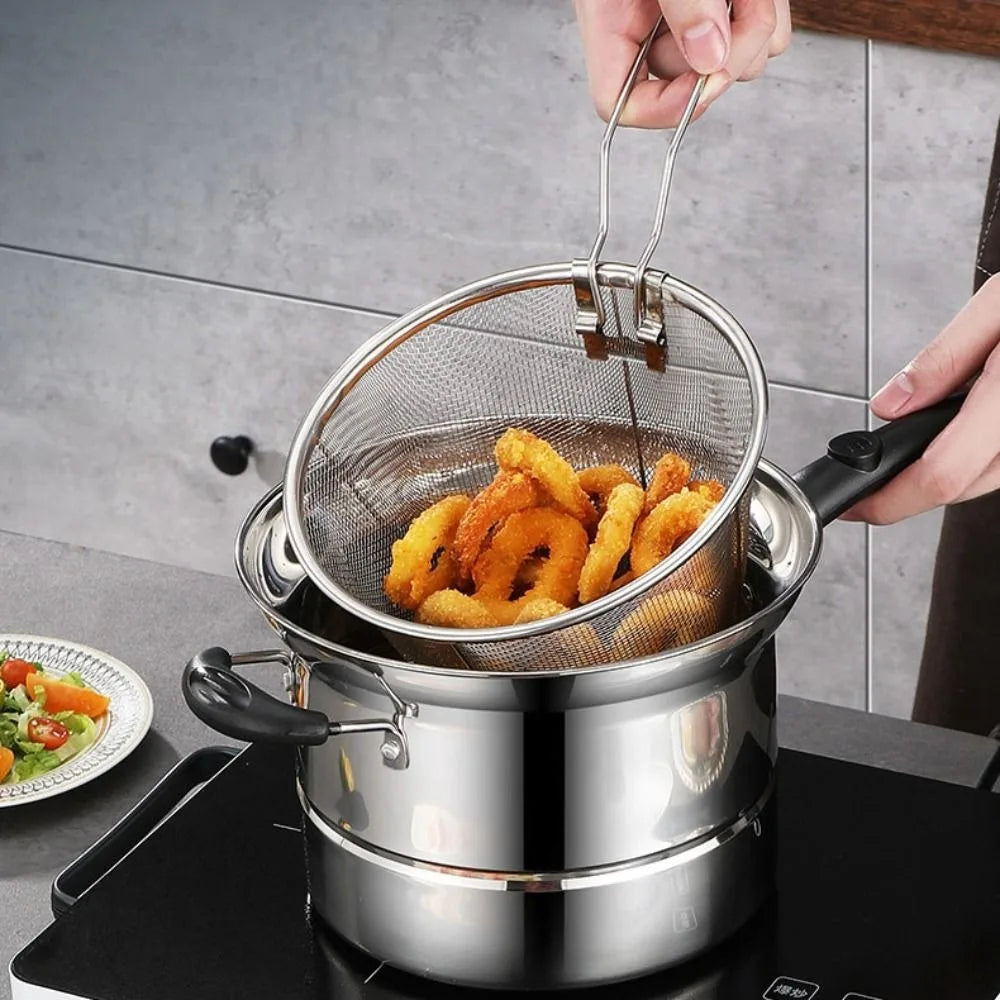 Kitchen Cookware Stainless Steel Deep Fryer Pot with Frying Basket and Steamer Japanese Pasta Pot Visible Lid Stockpot Noodle