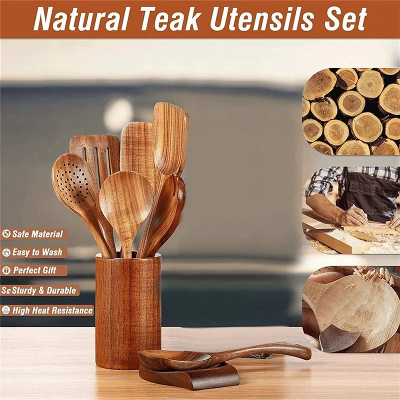 9 PCS Natural Wooden Spoons For Cooking Wooden Utensils For Cooking With Utensil Holder Teak Wooden Kitchen Utensils Setabkw