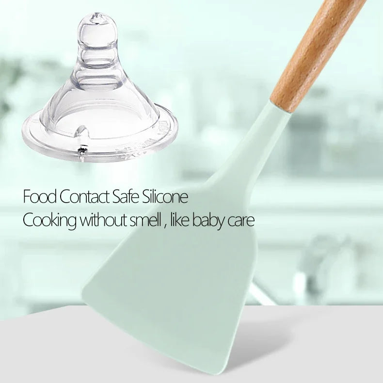 12PCS Silicone Kitchenware Non-Stick Cookware Kitchen Utensils Set Spatula Shovel Egg Beaters Wooden Handle Cooking Tool Set Hot