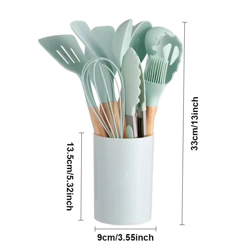 12PCS/Set Premium Quality Silicone Kitchen Utensils Set with Wood Handle and Storage Bucket Kitchen Tools Cooking Accessories