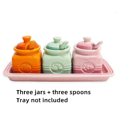 European Style Kitchen Spice Organizer Creative Ceramic Spice Jar with Spoon Gift Box Set Jam Storage Jar with Lid Spice Rack