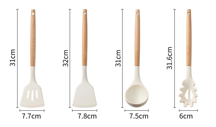 12 Pcs Silicone Kitchen Utensils Set Non Stick Silicone Cooking Utensil Set Heat Resistant Cookware with Wooden Handle JT558
