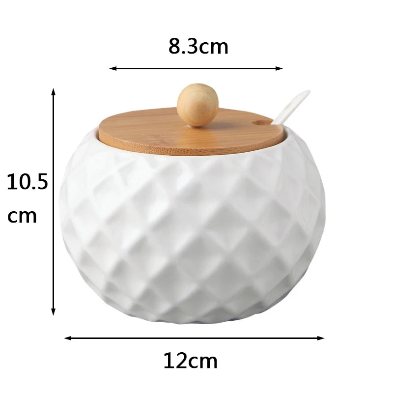 Ceramic Seasoning Jars with Wooden Lid Salt Shakers Kitchen Supplies White Spice Organizer Canister Spoon Set White Sugar Box
