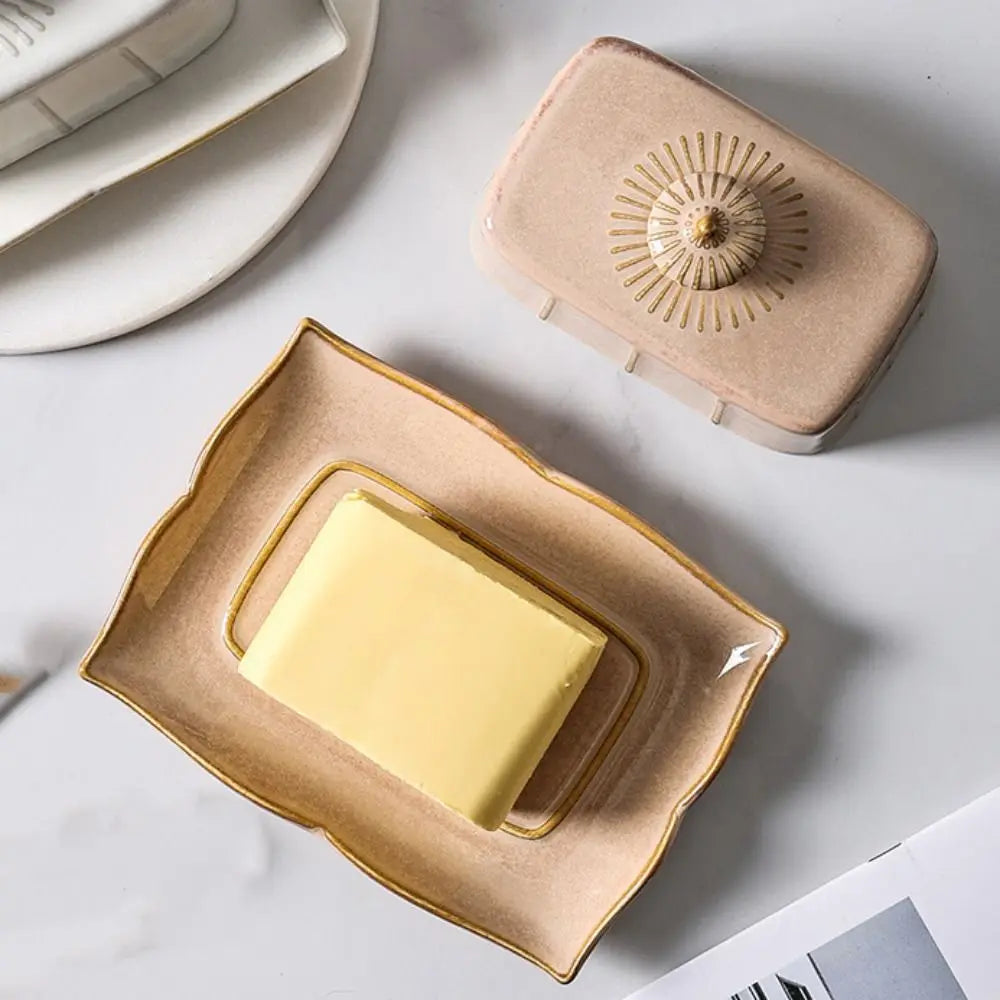 European Kitchen Utensils Ceramic Butter Dish Exquisite Rectangular Dim Sum Dish Household with Cover Storage Tray Hotel