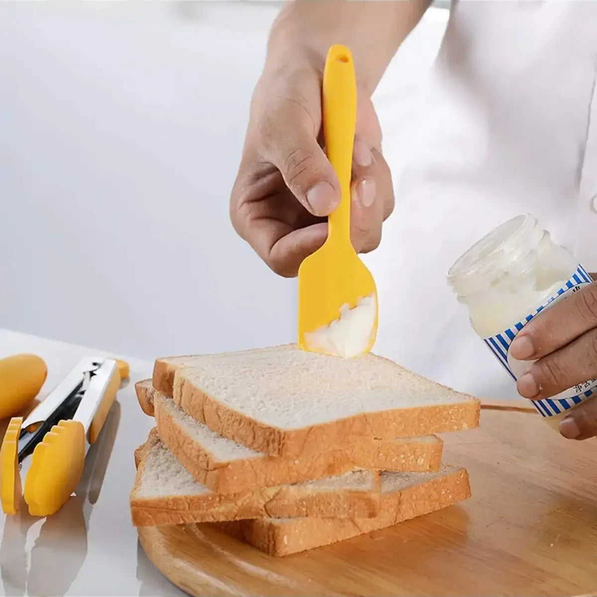9pcs Silicone baking tool set, scraper oil brush egg whisker food pliers, with storage bucket, kitchen small tools