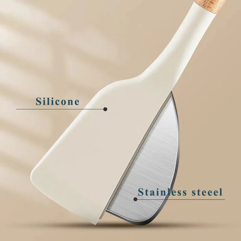 3PCS Set of Kitchen Utensils Wooden Handle Silicone Cooking Utensils Non Stick Shovel Cooking Utensils Rice Scoop Baking Tools