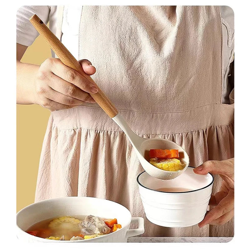 3PCS Set of Kitchen Utensils Wooden Handle Silicone Cooking Utensils Non Stick Shovel Cooking Utensils Rice Scoop Baking Tools