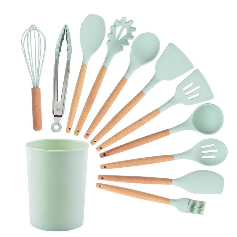 12PCS/Set Premium Quality Silicone Kitchen Utensils Set with Wood Handle and Storage Bucket Kitchen Tools Cooking Accessories