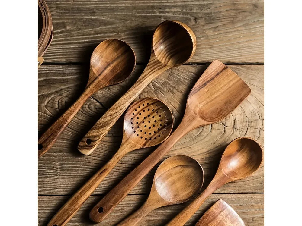 5pcs Premium Wooden Kitchen Utensils Set - Ergonomic Handles, Natural Wooden Spoons, Spurtle, Ladle, And Wok Spatulas