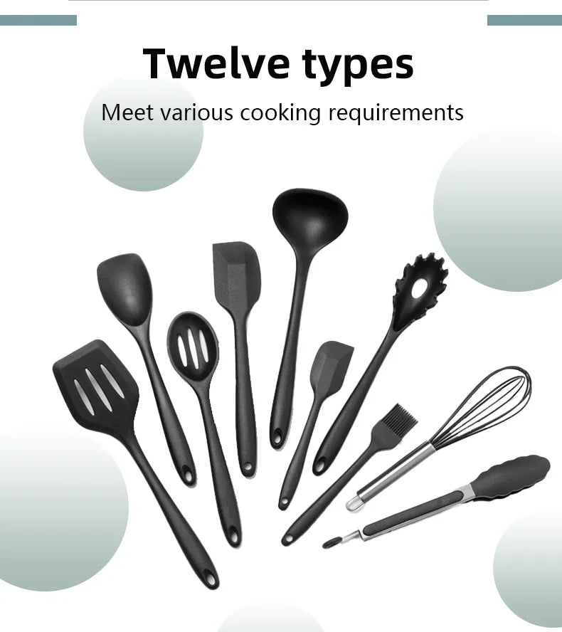 12PCS/Set Premium Quality Silicone Kitchen Utensils Set with Wood Handle and Storage Bucket Kitchen Tools Cooking Accessories