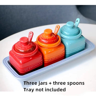 European Style Kitchen Spice Organizer Creative Ceramic Spice Jar with Spoon Gift Box Set Jam Storage Jar with Lid Spice Rack