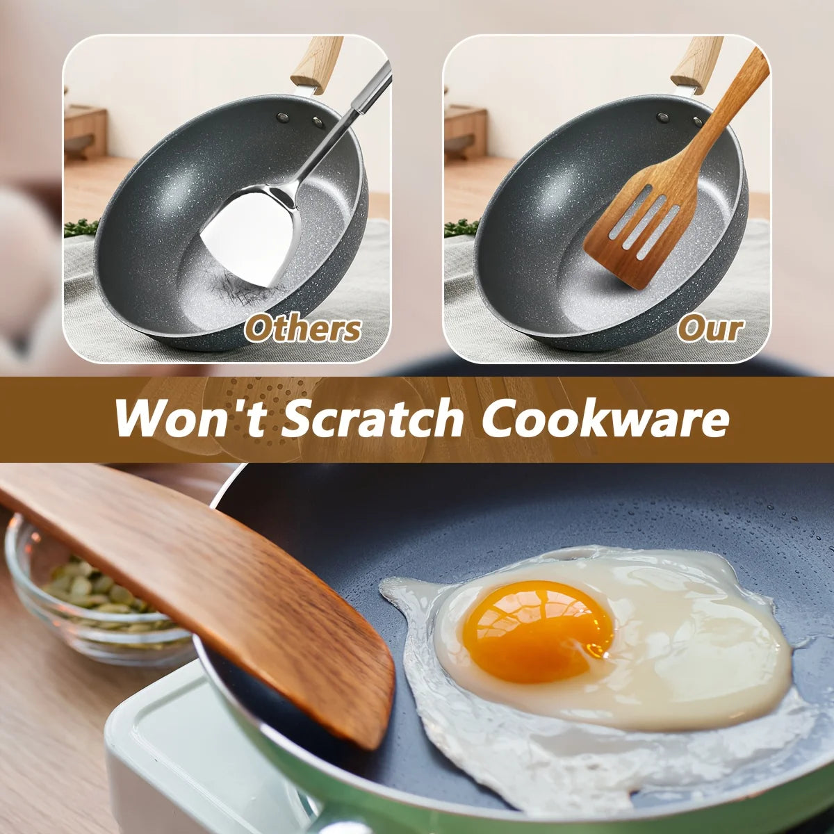 5pcs Premium Wooden Kitchen Utensils Set - Ergonomic Handles, Natural Wooden Spoons, Spurtle, Ladle, And Wok Spatulas