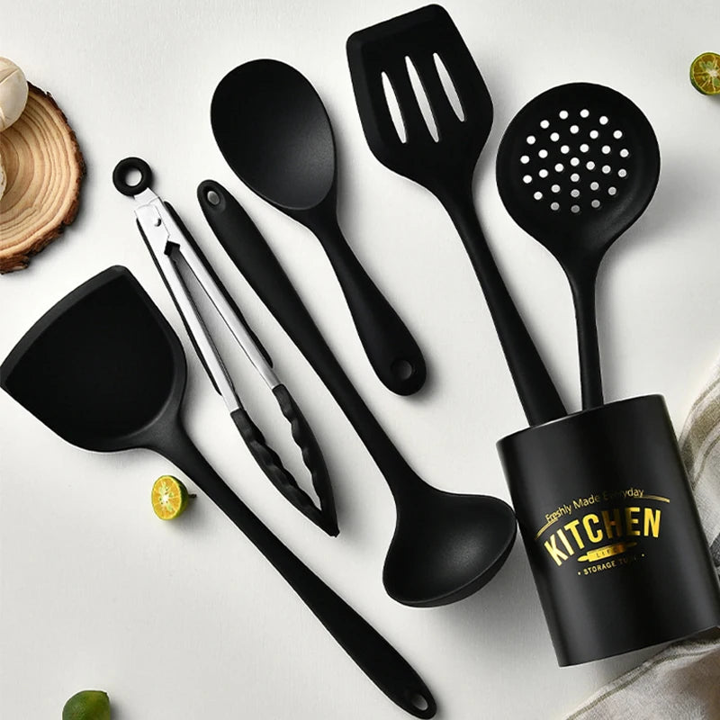 6PCS Silicone Kitchenware Non-Stick Cookware Kitchen Utensils Set Spatula Shovel Spoon Cooking Tool Set Withl Storage Bucket Too