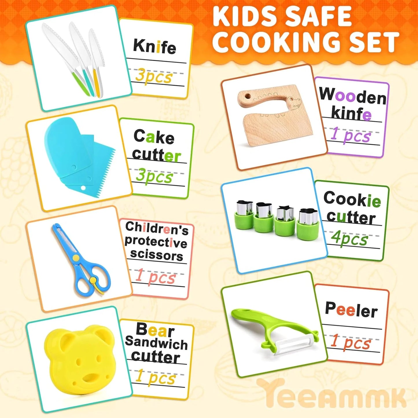 17PCS Kids Cooking Sets Real Cooking Montessori Kitchen Toys for DIY Plastic Kitchen Accessories Tools Toddlers Kids Safe Knives