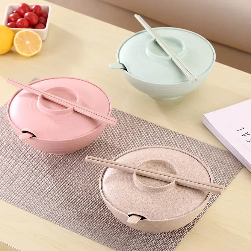 Household Tableware Set for instant food - 3pcs Wheat Straw Bowl, instant noodles bowl With Lid, Spoons and Chopsticks