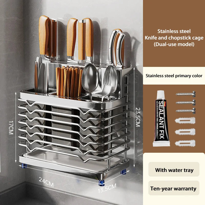 Kitchen Knife Holders Storage Rack Household Stainless Stee Countertop Knife Spoon Chopstick Holder With Drain Tray