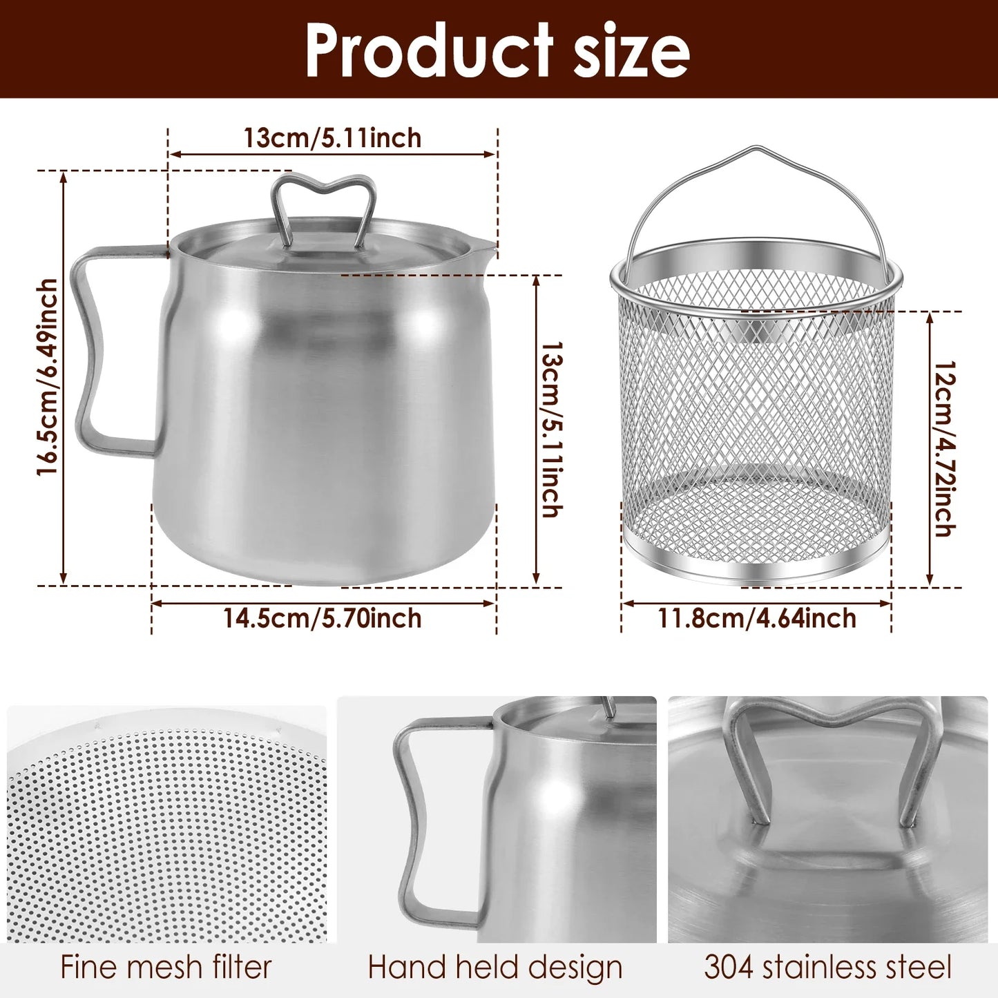Kitchen Oil Strainer Stainless Steel Oil Filter Pot 1.5/2L Grease Oil Storage Can with Fine Mesh Strainer Strainer Fry Basket